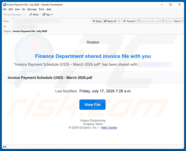 Finance Department Invoice E-Mail-Betrug Spam-Kampagne