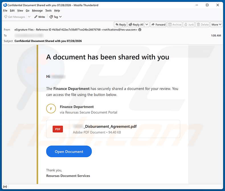 Finance Department Secure Document Email Virus Spam-Kampagne