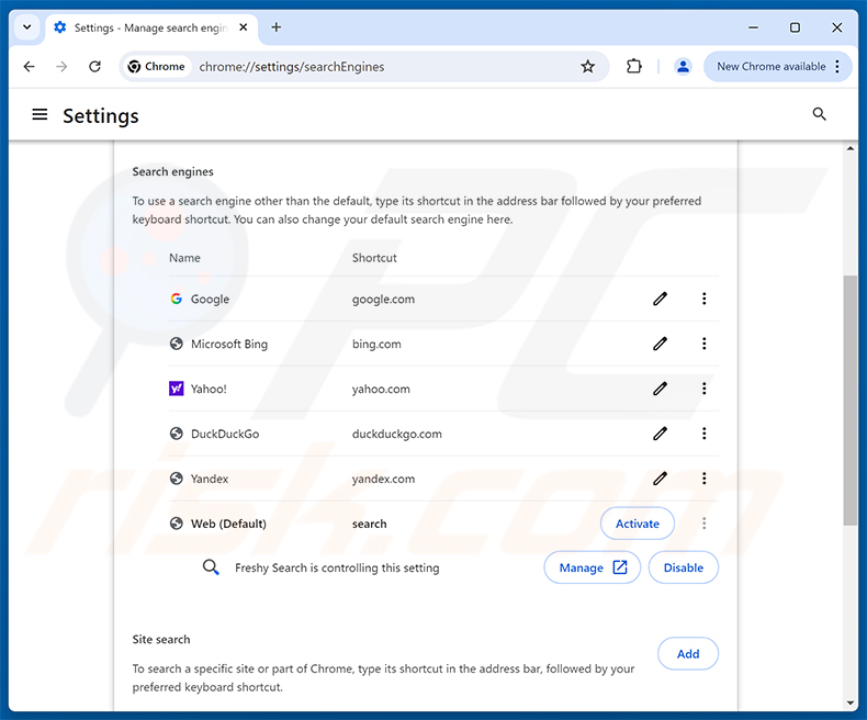 Entfernen von Freshy Search (freshy.com) aus der Google Chrome Standardsuchmaschine