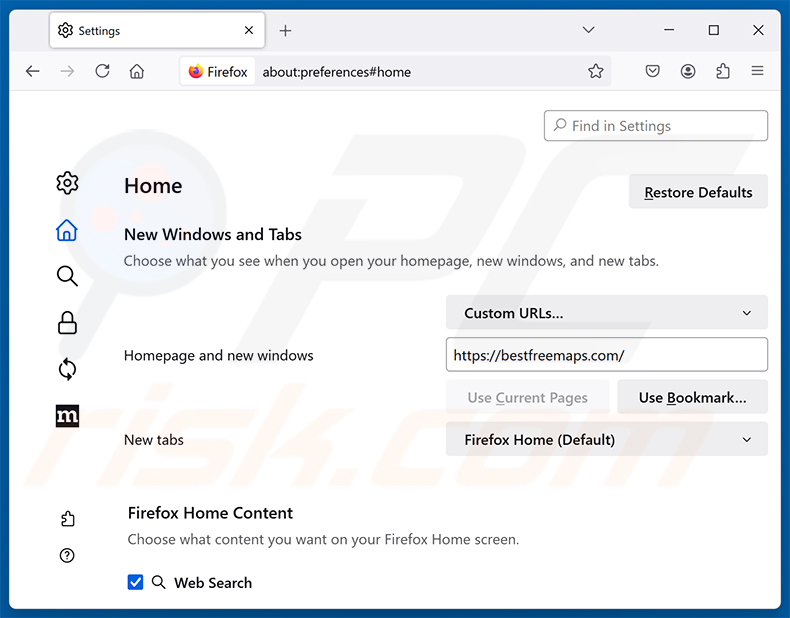 Entfernen von Get Maps & Driving Directions (bestfreemaps.com) aus der Mozilla Firefox-Startseite