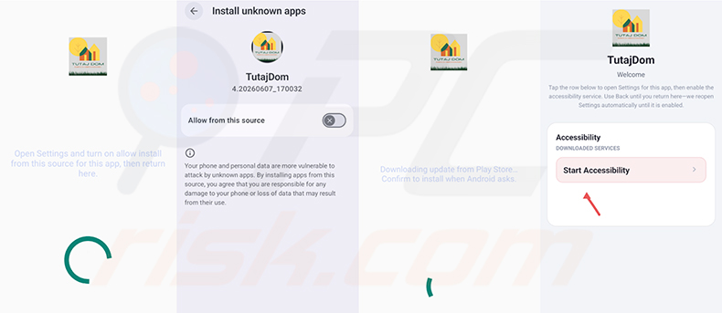 Installationsprozess der Glitch SPY RAT - die gefälschte TutajDom-App fordert die Berechtigung für unbekannte Quellen und Zugriff auf die Bedienungshilfen an