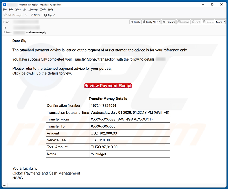 HSBC Money Transfer Completed E-Mail-Betrug Spam-Kampagne