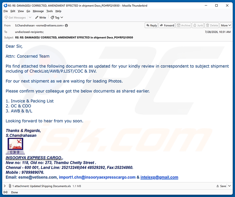 Insoorya Express Cargo Shipment Documents E-Mail-Virus Spam-Kampagne