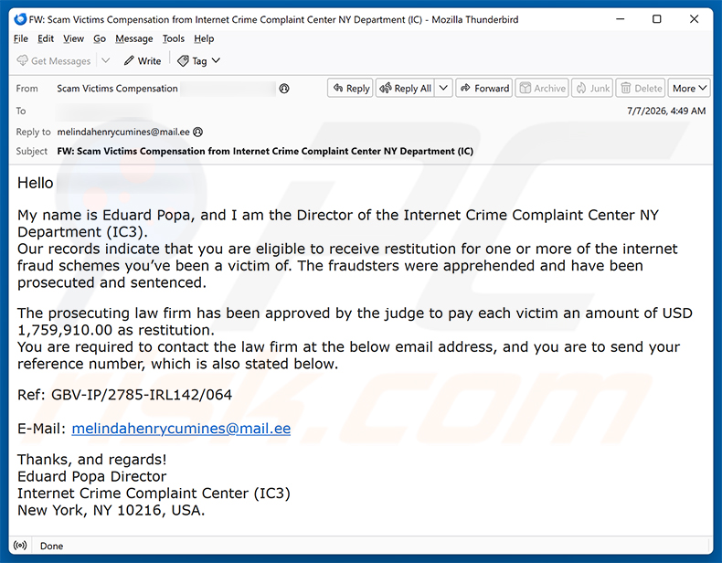 Internet Fraud Victim Compensation E-Mail-Betrug (2026-07-08)