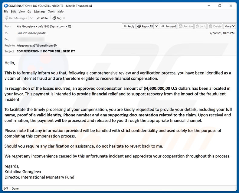 Internet Fraud Victim Compensation E-Mail-Spam-Kampagne