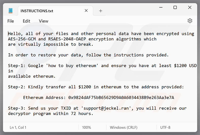 Jeckel-Ransomware-Erpressernachricht (INSTRUCTIONS.txt)