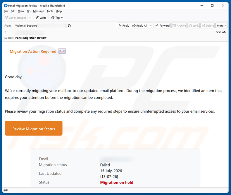 E-Mail-Spam-Kampagne Migration Action Required