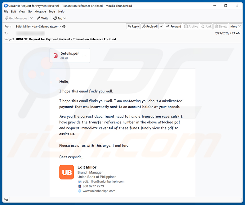 Misdirected Payment Email Scam Spam-Kampagne