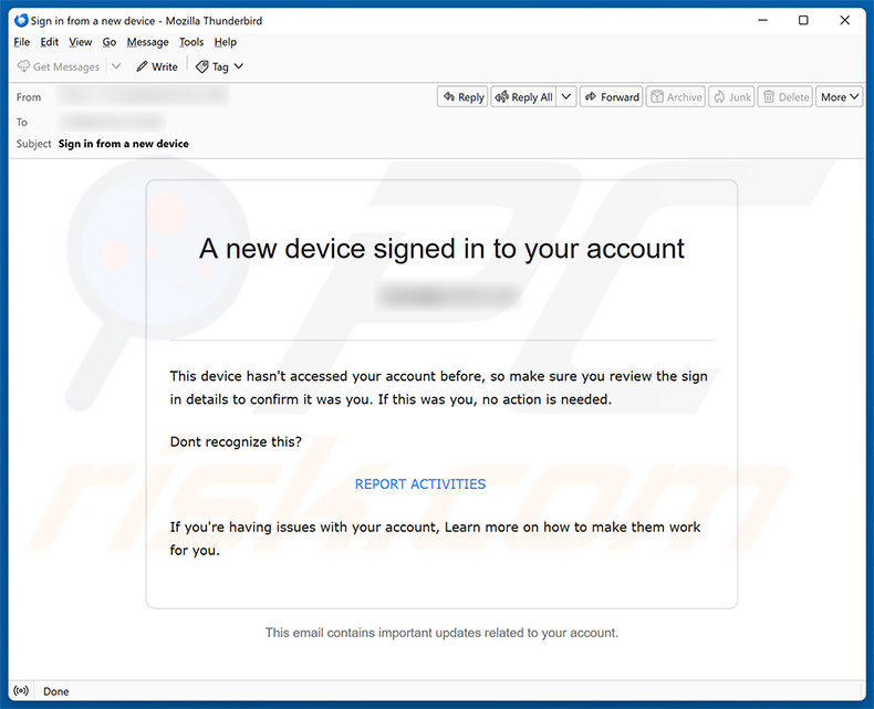 New Device Signed In To Your Account E-Mail-Betrug Spam-Kampagne