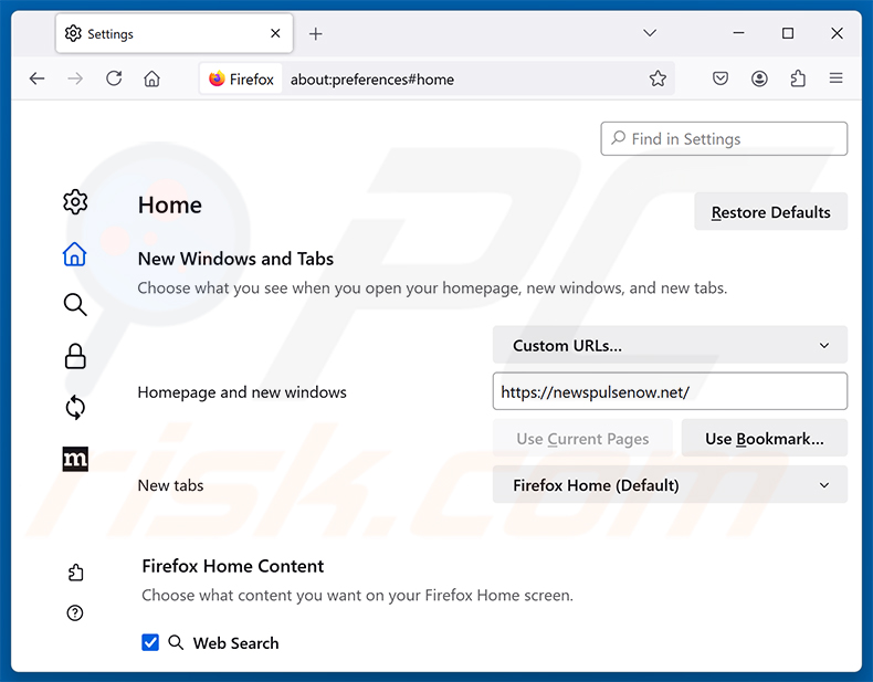 Entfernen von newspulsenow.net aus der Mozilla Firefox-Startseite