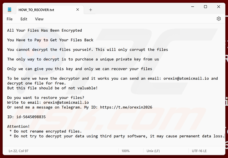 Lösegeldforderung der Orexin-Ransomware (HOW_TO_RECOVER.txt)