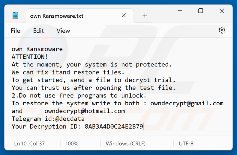 Lösegeldforderung der Ransomware Own Ransomware (own Ransomware.txt)