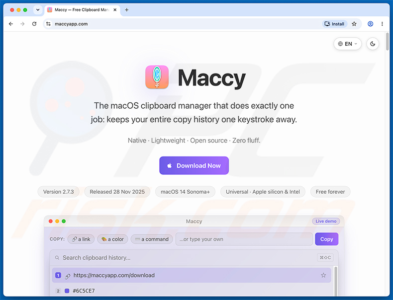 Gefälschte maccyapp.com-Website, die die PamStealer-Malware verbreitet