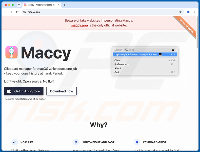 Offizielle Maccy-Website mit Warnung vor gefälschten Websites