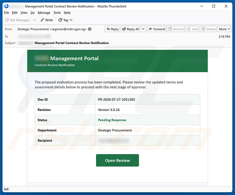 Proposal Evaluation Completed E-Mail-Betrug Spam-Kampagne