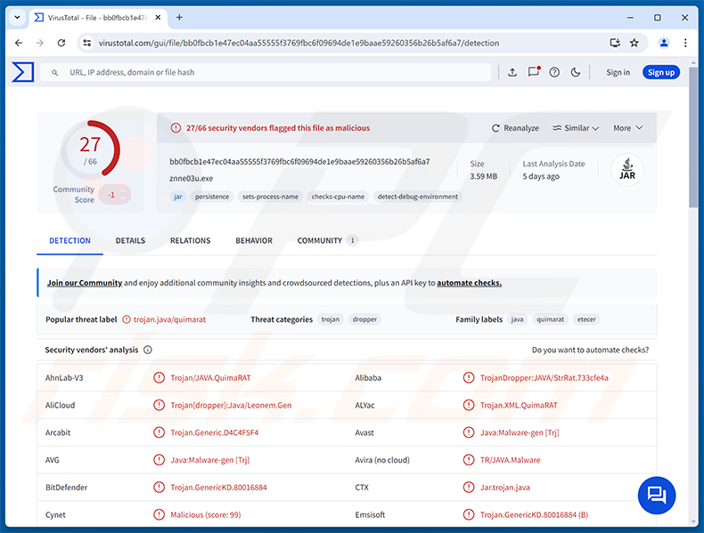 QuimaRAT-Malware-Erkennungen auf VirusTotal
