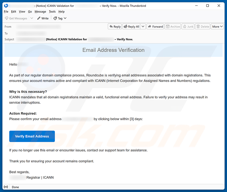 Roundcube Domain Registration Email Verification Scam E-Mail-Spam-Kampagne