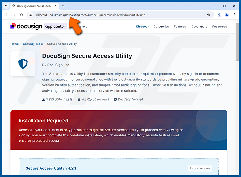 Bösartige Website, die durch die Settlement eDocument Completed Spam-Kampagne beworben wird