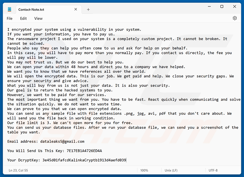 KalinkaCrypt Ransomware-Lösegeldforderung (Contact-Note.txt)