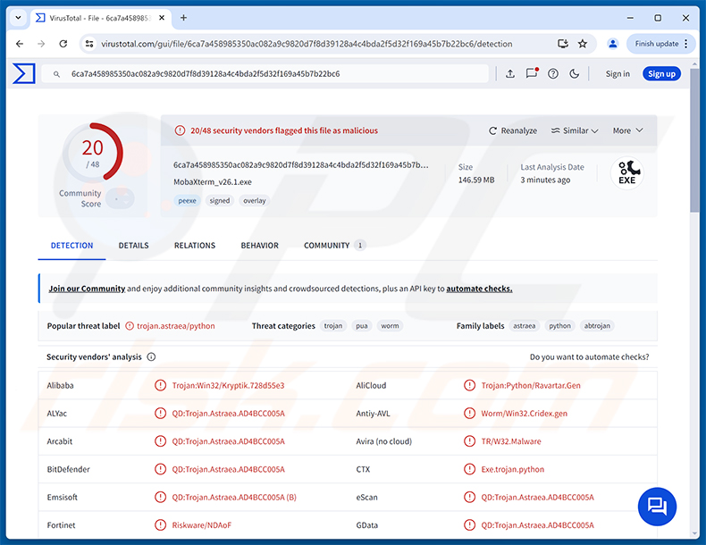Starland RAT-Malware-Erkennungen auf VirusTotal
