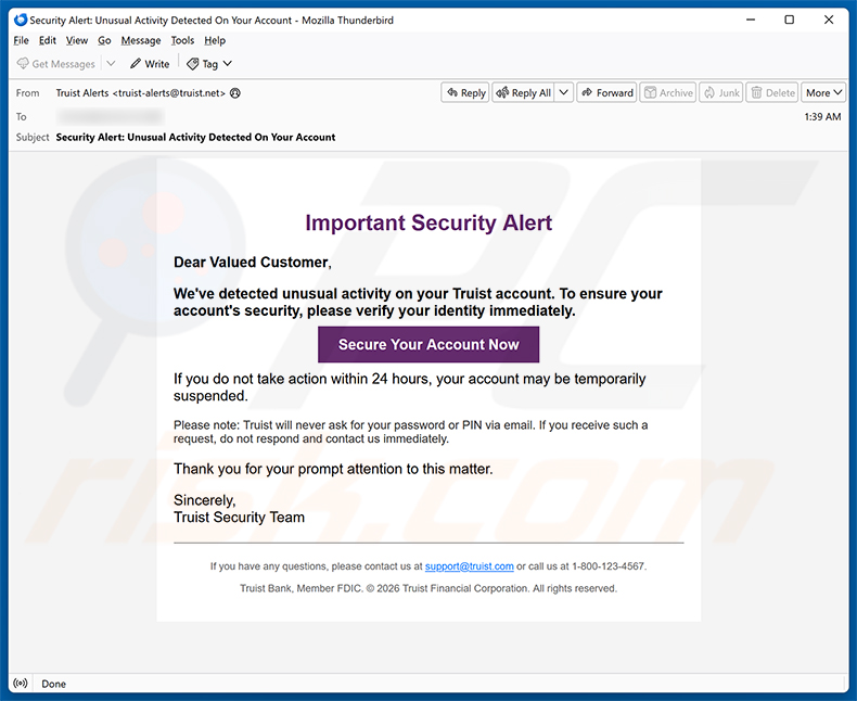 Truist Security Alert E-Mail-Betrug Spam-Kampagne