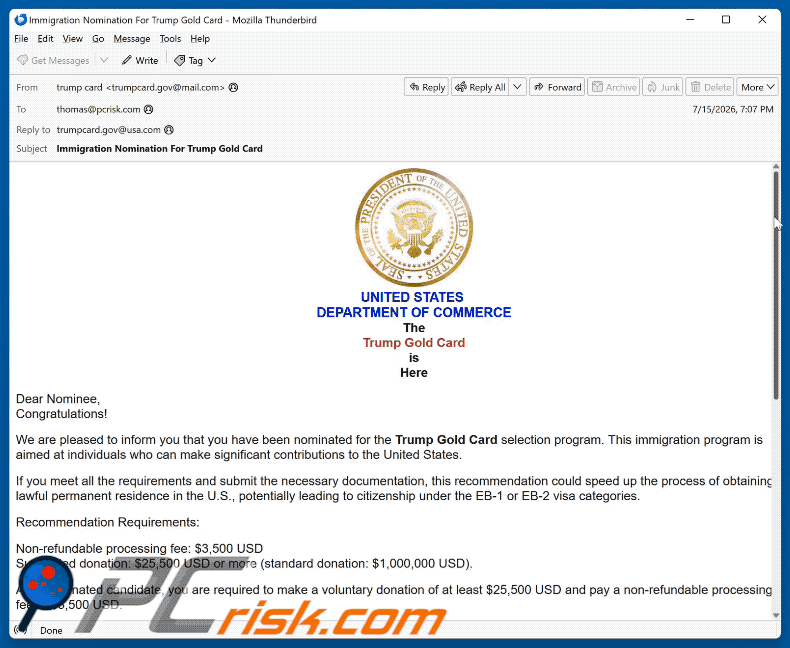 Trump Gold Card Selection Program Nomination E-Mail-Betrug (GIF)