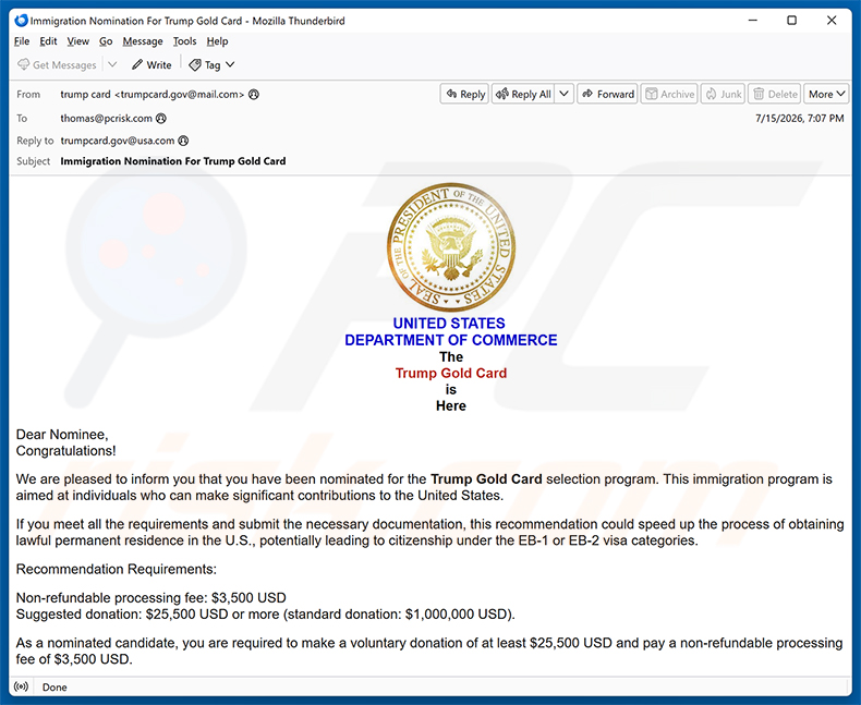 Trump Gold Card Selection Program Nomination E-Mail-Spamkampagne