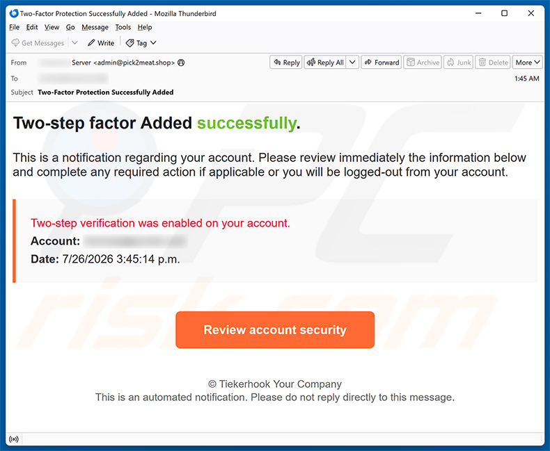 Two-step Verification Was Enabled E-Mail-Betrug Spam-Kampagne