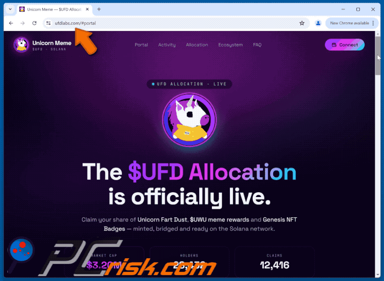 Erscheinungsbild von Unicorn Fart Dust ($UFD) Allocation Scam (GIF) (ufdlabs[.]com)