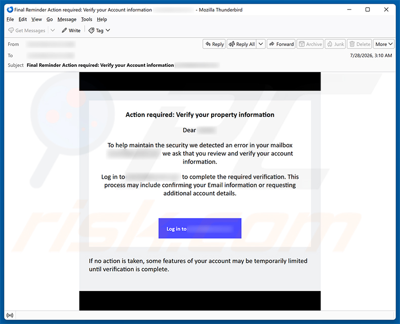 Verify Your Email Property Information Betrug E-Mail-Spam-Kampagne