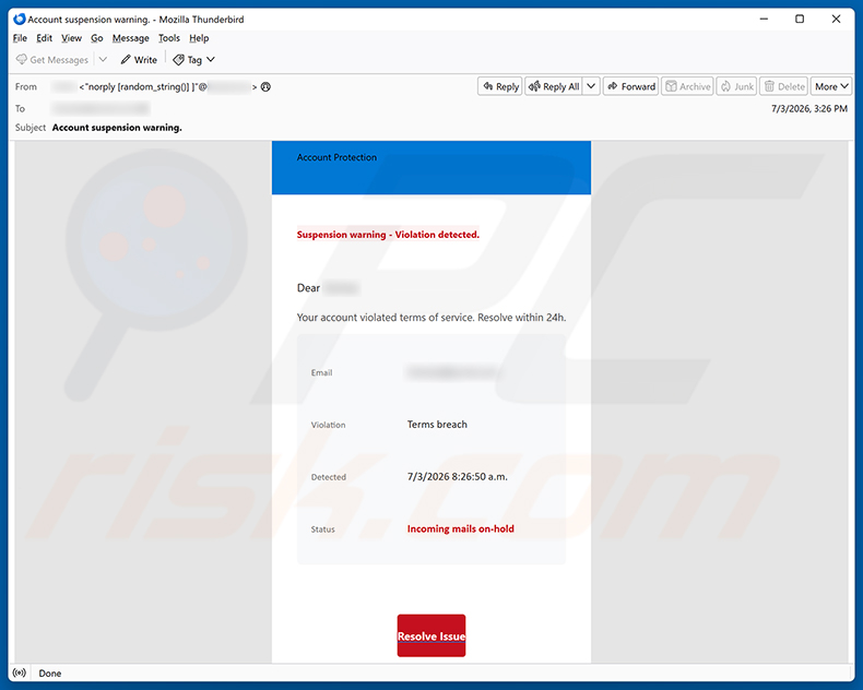 Your Account Violated Terms Of Service E-Mail-Spam-Kampagne