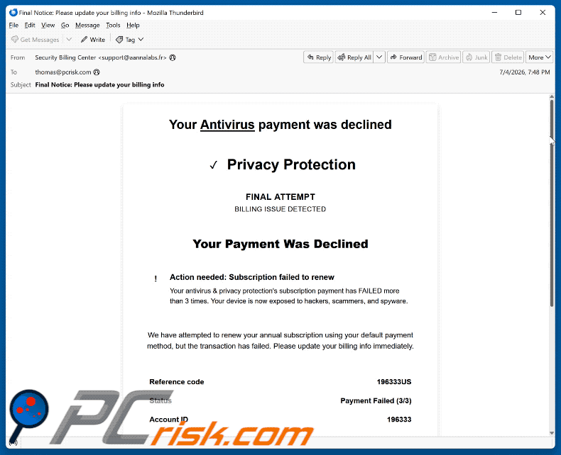 Your Antivirus Payment Was Declined E-Mail-Betrug (GIF)