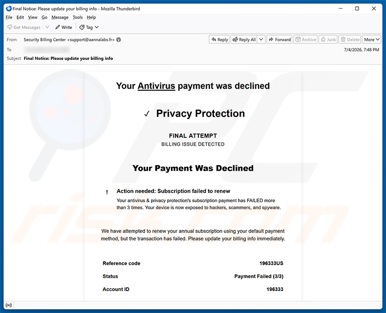 Your Antivirus Payment Was Declined E-Mail-Spam-Kampagne