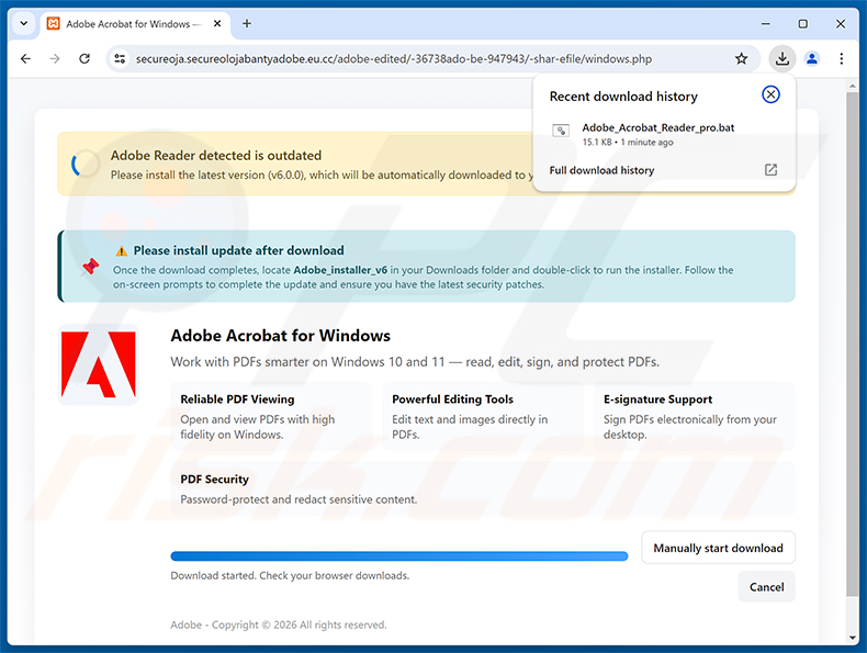 Bösartige Website, die über die Adobe - Outstanding Invoices Email Virus Spam-Kampagne beworben wird