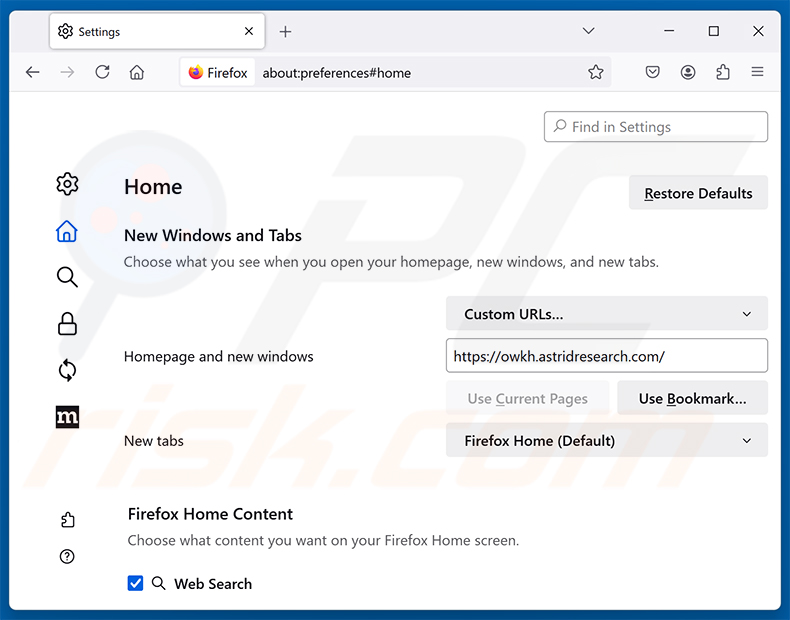Entfernen von astridresearch.com von der Mozilla Firefox-Startseite