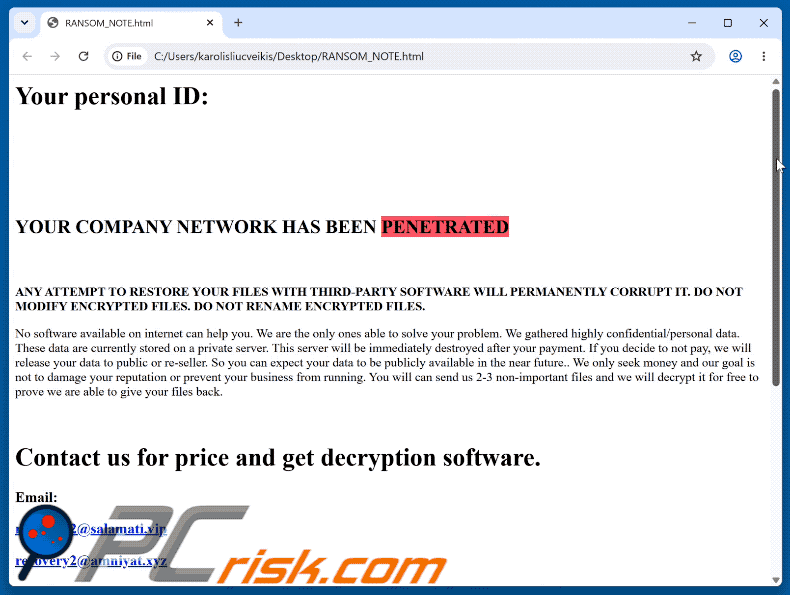 Lösegeldforderung der Betelgeuse-Ransomware (RANSOM_NOTE.html)