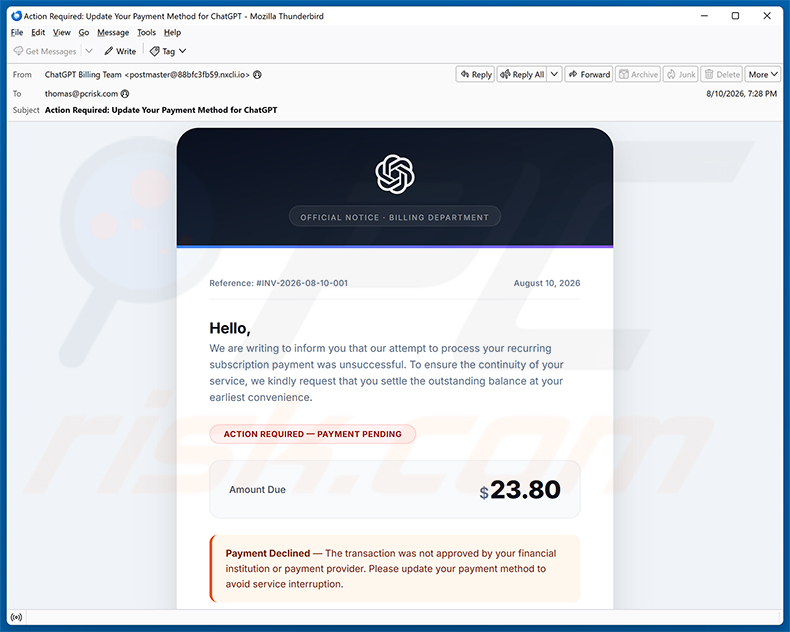 ChatGPT Payment Method Update Email Scam E-Mail-Spam-Kampagne