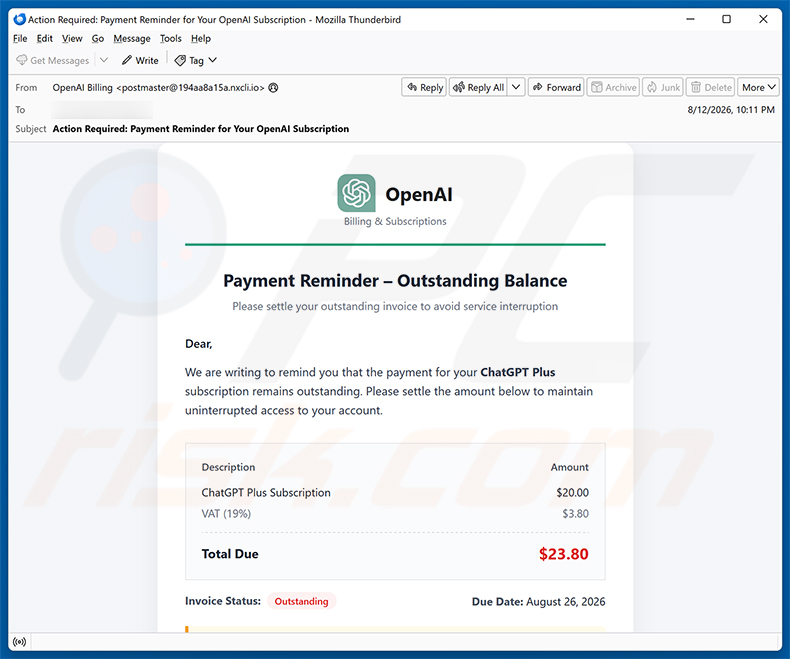 ChatGPT Payment Reminder Email Scam E-Mail-Spam-Kampagne