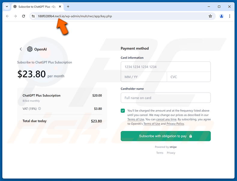 ChatGPT Payment Reminder Email Scam Phishing-Seite