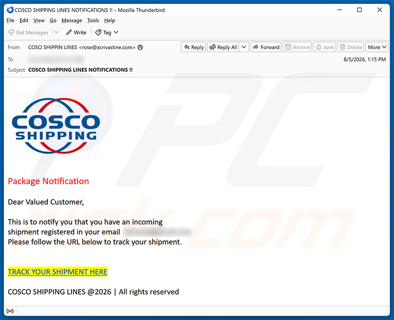 Cosco Shipping Package Notification E-Mail-Betrug Spam-Kampagne