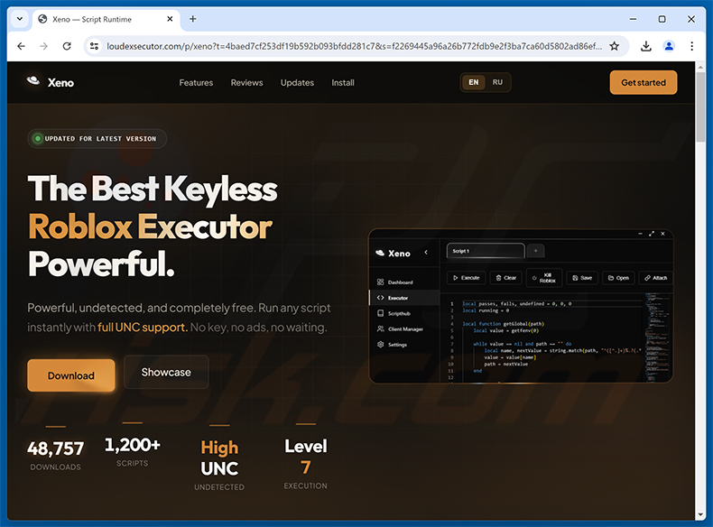 Betrügerische Website, die die gefälschte Xeno verbreitet (loudexsecutor[.]com)