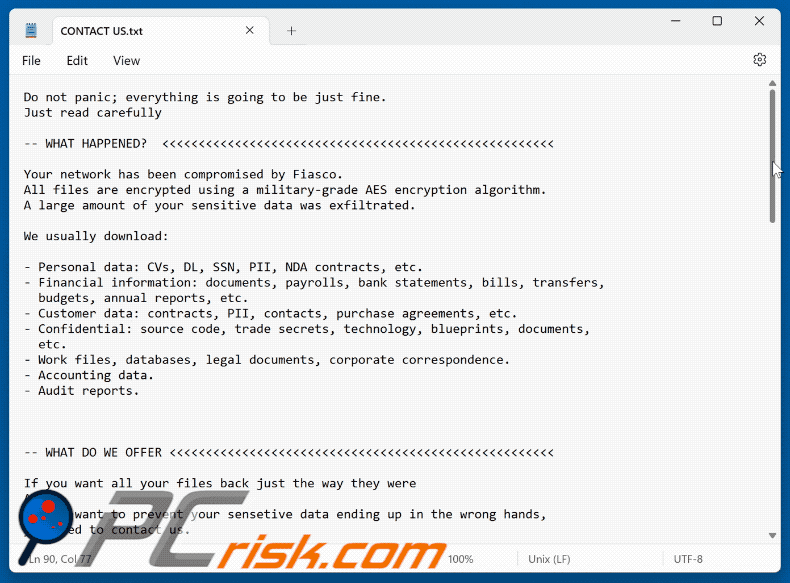 Lösegeldforderung von Fiasco Ransomware (CONTACT US.txt)