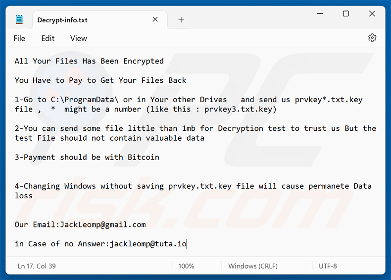Lösegeldforderung der Grandeur-Ransomware (Decrypt-info.txt)