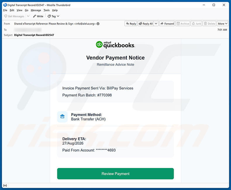 Intuit QuickBooks - Vendor Payment Notice E-Mail-Virus Spam-Kampagne