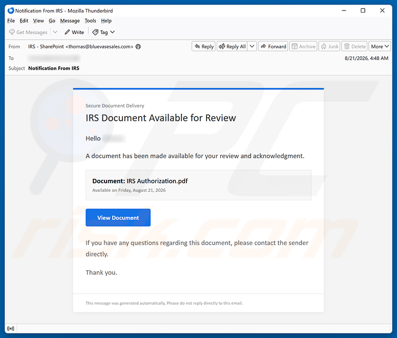 IRS Document Available For Review E-Mail-Betrug - Spam-Kampagne