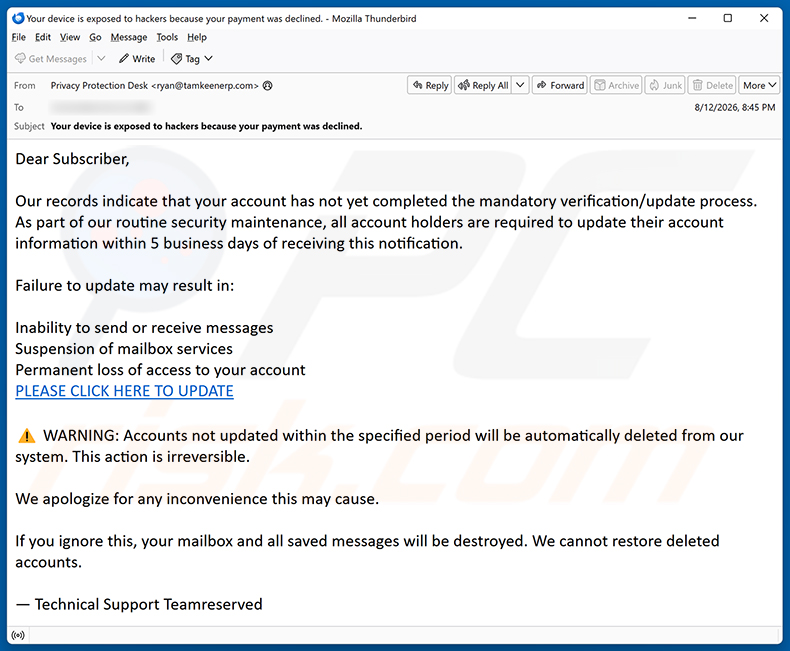 Mandatory Verification/Update Process E-Mail-Betrug Spam-Kampagne