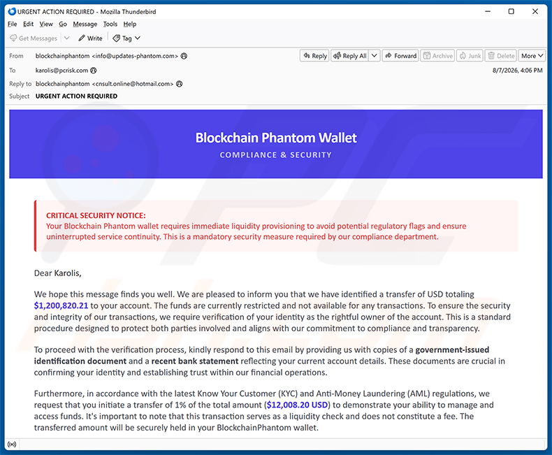 Phantom Wallet Identity Confirmation E-Mail-Betrug