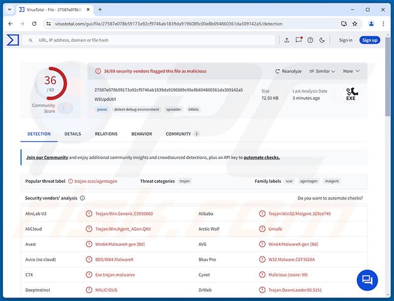 PINHOLE RAT-Erkennungen auf VirusTotal
