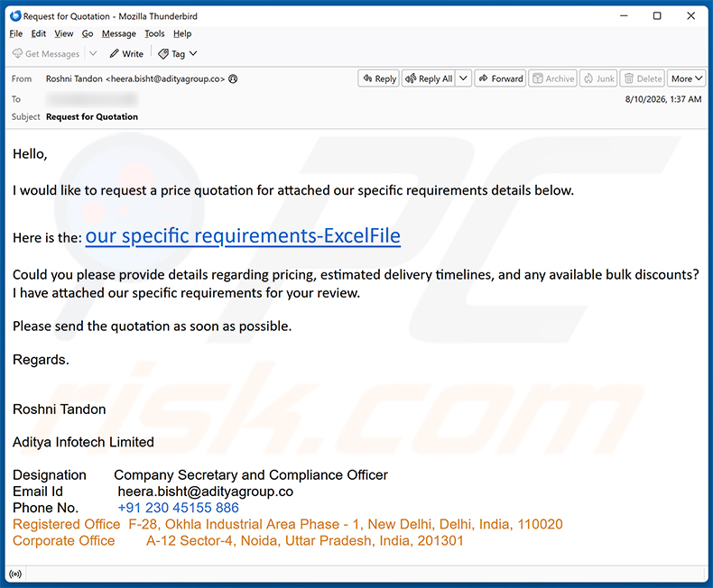 Price Quotation Request E-Mail-Betrug Spam-Kampagne