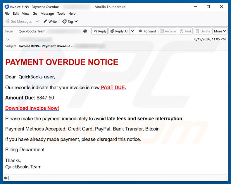 QuickBooks - Payment Overdue E-Mail-Betrug Spam-Kampagne